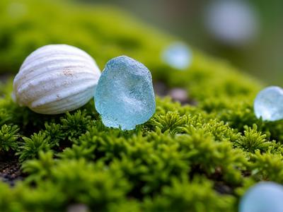 苔生した庭に散りばめられた多種多様なアンティークの貝殻と海石