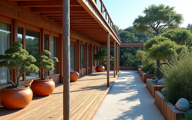 航海をテーマにしたテラスに、禅的な配置の鉢植えと白砂が広がる庭園