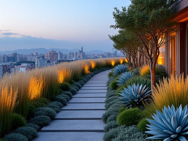 船の木材と多肉植物とグラス類が融合した、独創的な海洋テーマ庭園の全景