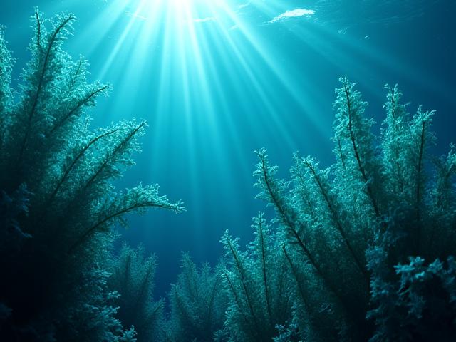 ワカメのような葉を持つ装飾用海藻が揺れる、透明な水槽の風景