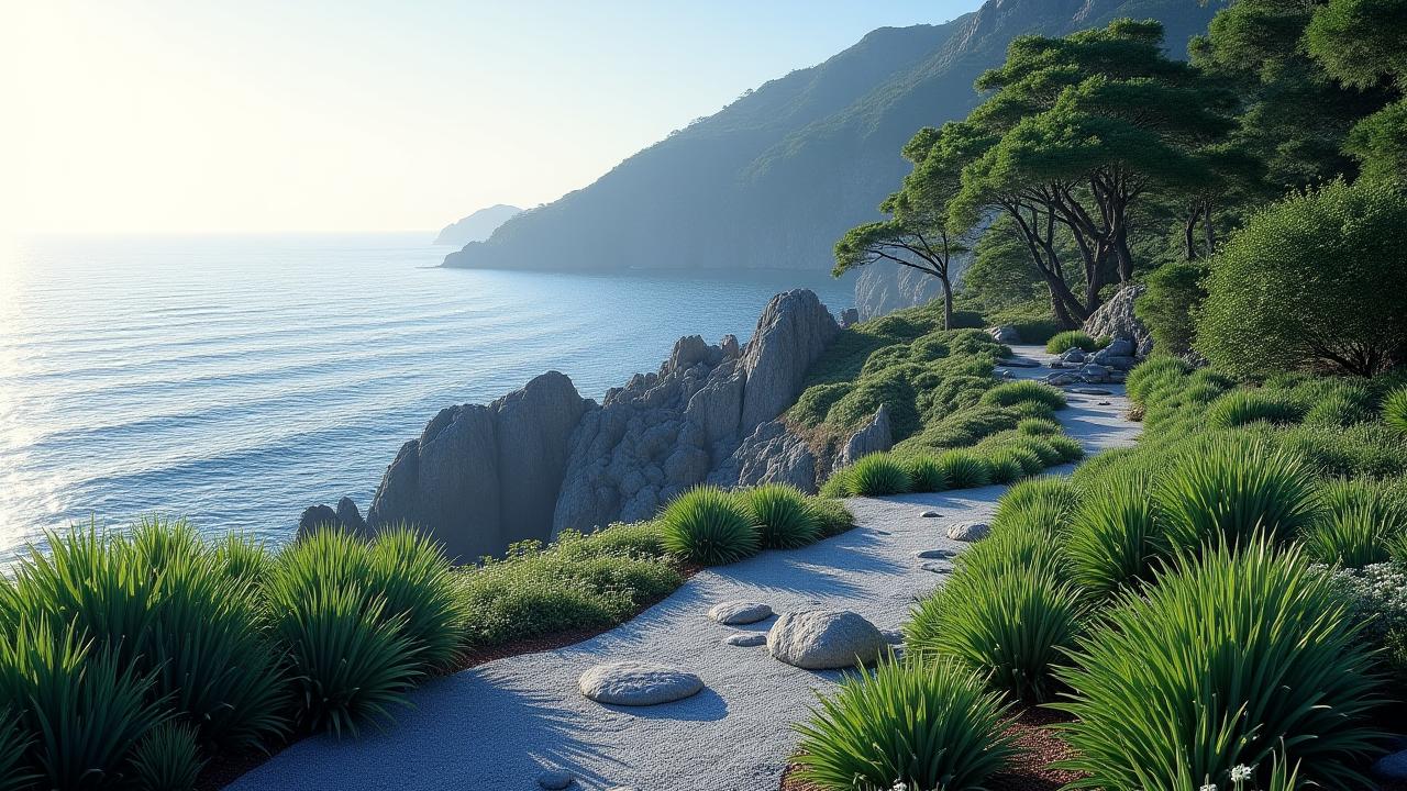 塩分耐性植物が豊かに茂る海岸沿いの庭園。海と植物の境目が曖昧になったような自然な景観