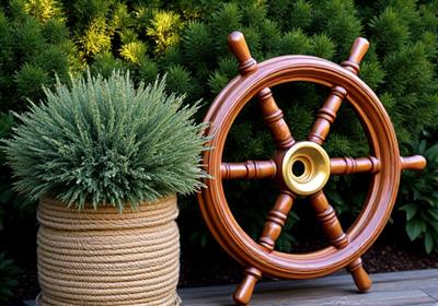 真鍮製の大きな舵輪と、古い樫の木を使った装飾が施された、ノスタルジックなクラシック航海スタイルの庭園