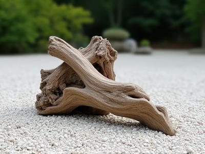 苔むした波打つような形状の巨大な流木が、白い砂利の上に彫刻的に配置されている様子