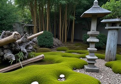 苔むした竹林の横に、風化した流木と石灯籠が配置され、静けさと海の冒険が共存する和風海洋融合庭園