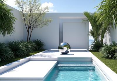 白と青を基調とし、なめらかなステンレススチールのオブジェと、波紋を模したモダンな水場が配置された都会的な海洋庭園