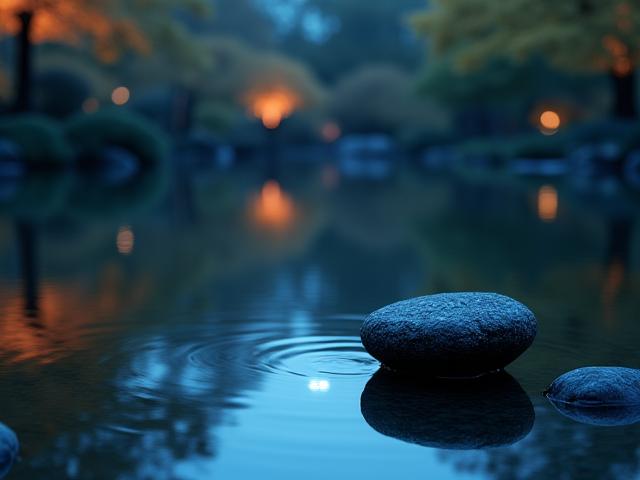 水中照明により青く輝く池と、その光が反射する夜の日本庭園