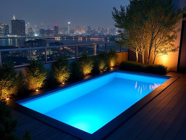 東京の高層ビルのルーフトップに作られた、青い光に満たされたモダンな海洋風庭園の夜景