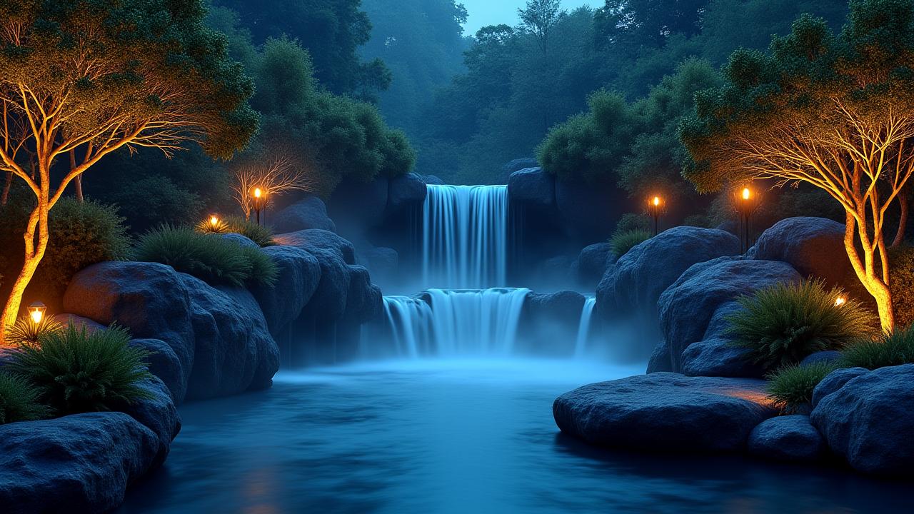光が水面を照らす、夜の水景庭園。滝の流れが青と琥珀色で幻想的にライトアップされている様子