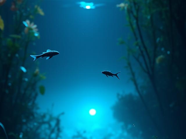 水中で柔らかな青色に照らされた日本庭園の池。魚のシルエットが見える