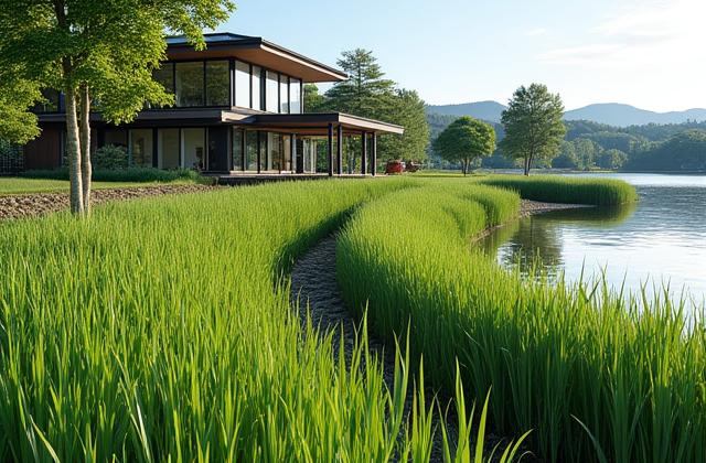 千葉県の私有湖畔での植生護岸施工後の美しい景観