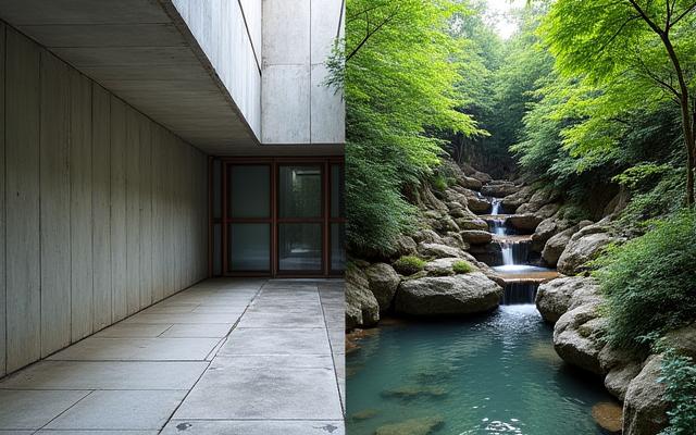 Before:コンクリートの中庭とAfter:多段滝と池のある癒しの水景