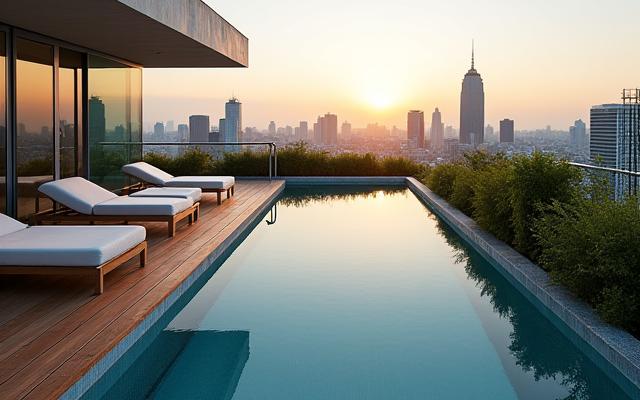 Before:殺風景な屋上とAfter:モダンな反射池のある屋上庭園