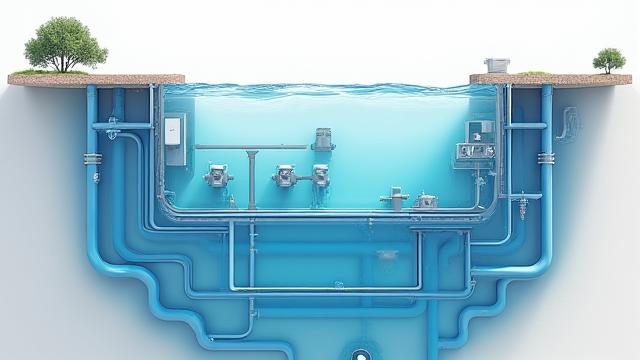 省エネ型水景循環システムの断面図と配管