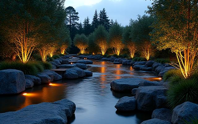 池と滝と小川が連続的に繋がった複合水景システムの夜景