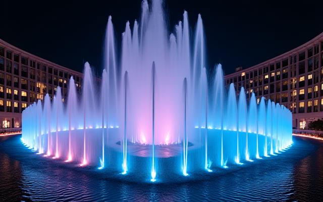 プログラマブルなパターンで水を吹き上げるモダンな中央噴水