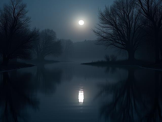 夜間の水面に映る周囲の照明と木の影。静かで癒される光景。