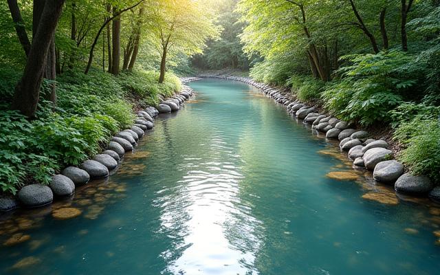 石組みの間を優雅に蛇行する人工の小川